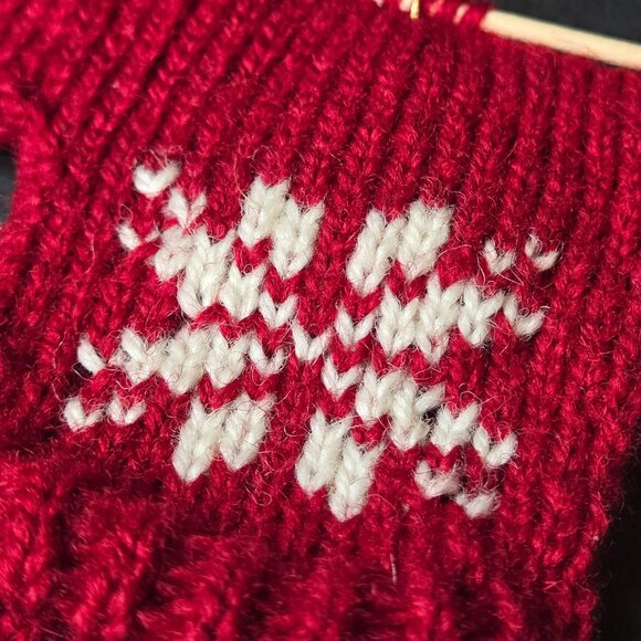 Mini Red Knit Christmas Sweater Ornament With Needles Nordic Snowflake 3" - Picture 3 of 5